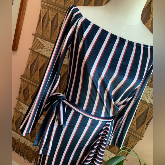 BNWT L’Atiste Blue, Red & White Striped Faux Wrap Dress - Picture 2 of 11